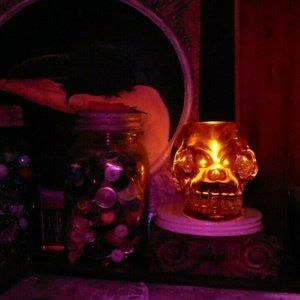 Lead Crystal Skull Candle Holder / Votive with Orange Flashing Inside Halloween